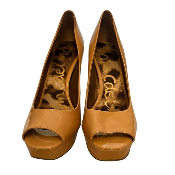 Sam Edelman ultra high 5 inch caramel peep toe heels size 7.5 - Picture 2 of 7